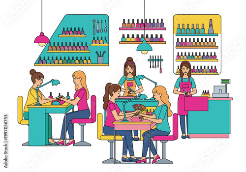 Nail salon interior with clients receiving manicures and technicians working