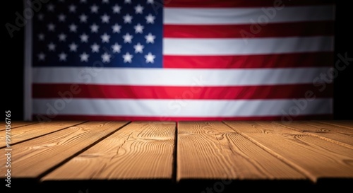 Patriotic 4th of july display american flag with wooden table for independence day celebration