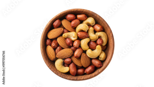 Фотография Wooden bowl full of mixed nuts almonds peanuts, cashews