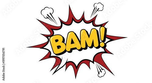 Bold and vibrant comic book style bam explosion with sharp red and yellow colors for action and impact themed graphic designs.