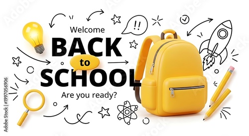 Back to school concept with yellow backpack and doodle icons on chalkboard