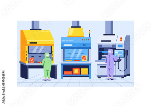 Scientists in clean suits work with advanced equipment in a modern laboratory setting