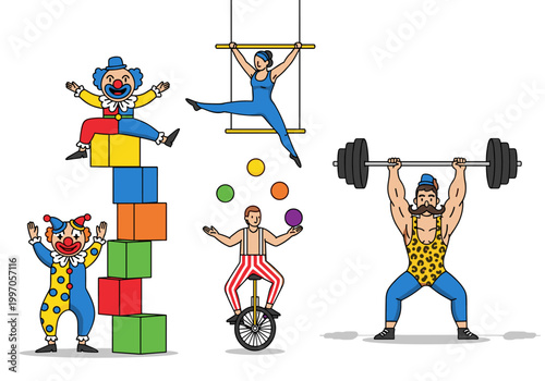 Circus performers showcase their diverse talents in a vibrant cartoon illustration