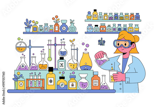 Scientist in a lab coat and goggles conducts an experiment with colorful liquids in beakers
