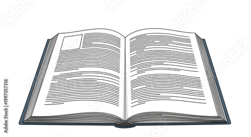 Wide angle perspective of an open hardcover book filled with printed text and a blank space for an illustration or photo.