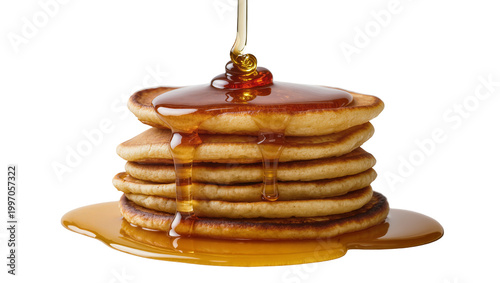 Foto Stacked golden pancakes drenched in amber syrup on a plate