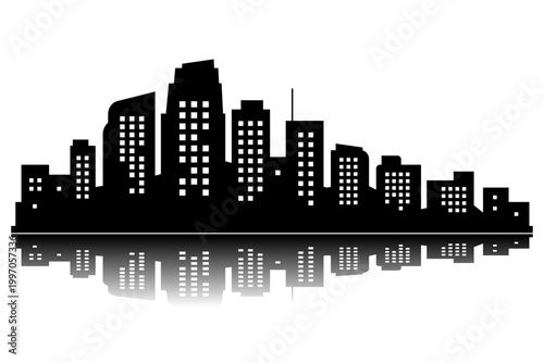 Modern city skyline silhouette with reflection, urban cityscape panorama with skyscrapers, black vector illustration isolated on white background