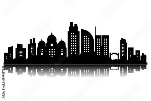 City skyline silhouette with reflection, urban cityscape panorama with skyscrapers, black vector illustration isolated on white background