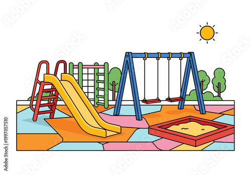 Colorful playground with swings, slide, and sandbox under a sunny sky