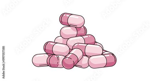 High angle view of a large pile of pink and white medicine capsules used for healthcare and pharmaceutical treatment.