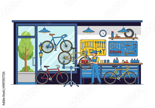 Bicycle mechanic working on a bike in a well-equipped workshop with tools and spare parts
