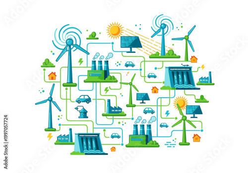 Renewable energy sources powering a modern city grid with electric vehicles