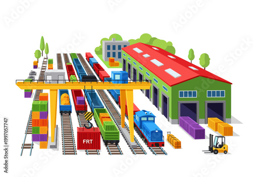 Busy freight train station with cranes, containers, and a warehouse for logistics