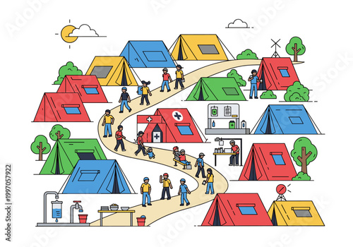 Illustration of a refugee camp with tents, people, and medical facilities