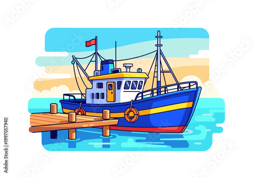 A vibrant blue fishing trawler docked at a wooden pier under a colorful sky