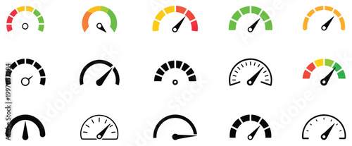 Gauge and dashboard icon collection, speedometer and tachometer symbols with needle indicators, performance and speed scale icons, simple modern vector design.