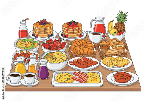 Abundant breakfast spread featuring pancakes, fruits, pastries, and hot dishes