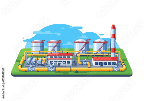 Industrial oil and gas processing plant with storage tanks and pipelines