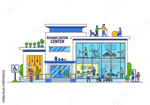 Modern rehabilitation center building with people exercising and receiving therapy
