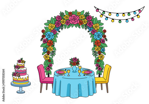 Romantic wedding reception setup with floral arch, cake, and dining table