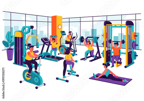 Diverse group of people exercising and lifting weights in a modern gym setting