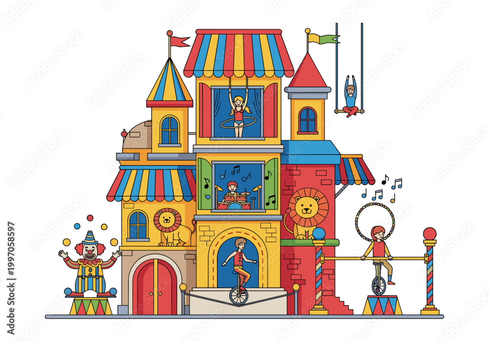 Obraz premium Whimsical circus building with performers and animals in colorful cartoon style