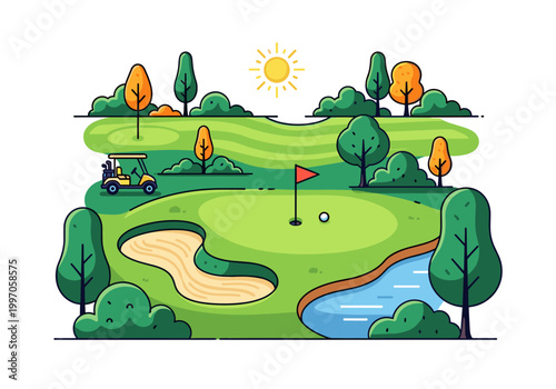 Stylized golf course scene with a cart, sand trap, and water hazard under the sun