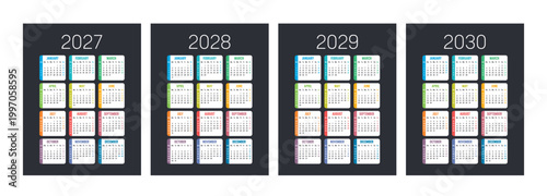 English Calendar Set 2027, 2028, 2029, 2030, Colorful Vector with Week Numbers, Black Background, Wall Planner Layout