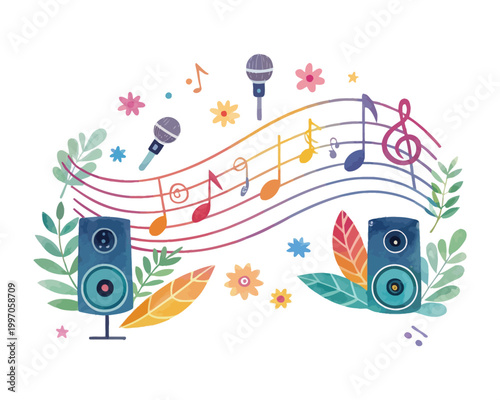 Watercolor Music Notes Icon, Festival Sound Clipart, vector illustration Isolated on White background