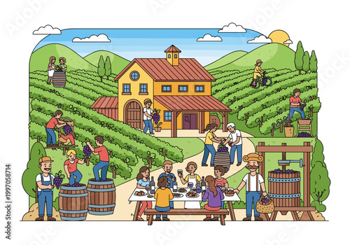 Vineyard workers harvest grapes and celebrate with a meal at the winery