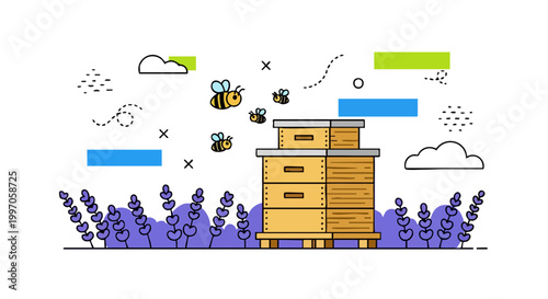 Sustainable Beekeeping with Beehive and Lavender Illustration