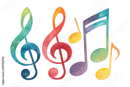 Hand-Painted Musical Notes Icon, Music Festival Watercolor Clipart, Isolated Vector Illustration