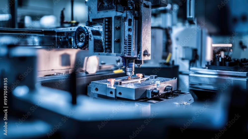 Fototapeta premium Cnc milling machine shaping metal in factory