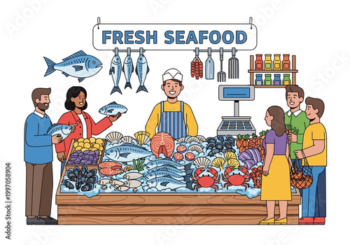 Diverse seafood selection displayed at a vibrant market stall with customers browsing