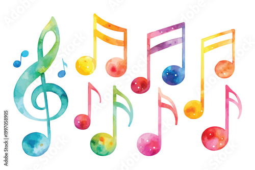 Watercolor Music Notes Icon, Festival Sound Clipart, vector illustration Isolated on White background