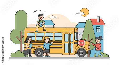 Yellow school bus with happy children in a residential neighborhood