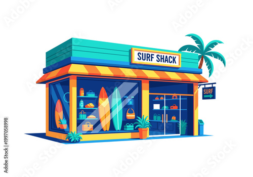 Modern surf shop with colorful exterior and display of surfboards and beachwear