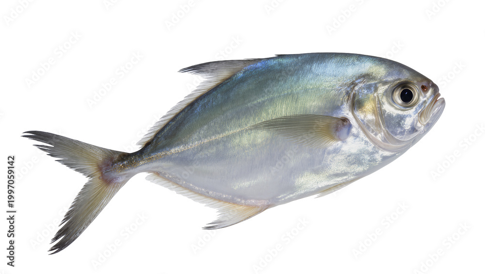 Fototapeta premium Silver Jackfish with Gray Fins and Orange Eye Detail