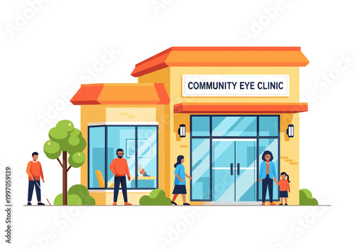 Community eye clinic building with diverse people outside receiving care
