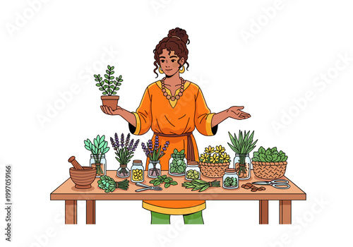 Woman presenting various herbs and plants for natural remedies and wellness
