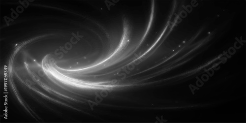 A digital art illustration featuring a motion blur vortex of light and a fractal spiral pattern swirling into a black hole within a blue abstract space galaxy backdrop