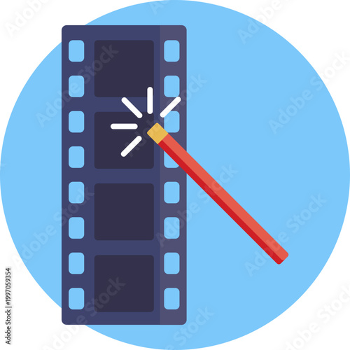 Represents video enhancement or automatic editing features, combining a film strip with a magic wand to suggest creative or AI-powered improvements.