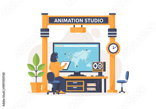 Creative professional working in a modern animation studio with digital tools