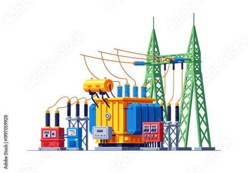 Electrical substation with transformer and power lines on white background