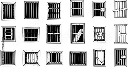Hand-drawn sketch vector set of various jail bars and prison windows, depicting locked, broken, and open styles, symbolizing confinement and security.