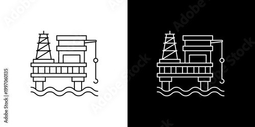 Modern vector outline icon illustration of an offshore oil rig platform, symbolizing the petroleum extraction industry, marine drilling, and global energy resource exploration