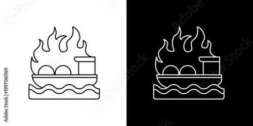 Vector outline icon of a burning cargo ship engulfed in flames, symbolizing a critical maritime disaster, vessel fire, or urgent marine emergency at sea