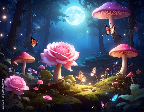 Enchanting fairytale scene in a mystical forest. Glowing moon illuminates a vibrant, whimsical landscape with giant flowers and mushrooms