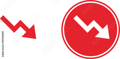 Red downward arrow icons for financial loss, decreasing market trend symbols, flat vector set for business crisis and economic recession data