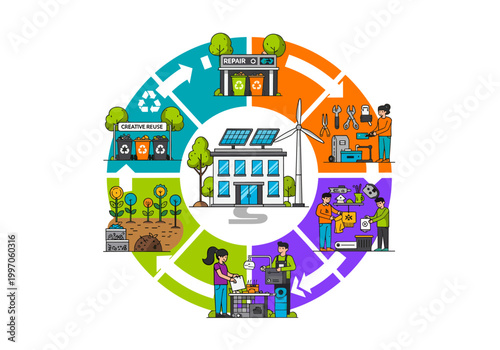 Circular economy concept illustration showing sustainable resource management and recycling processes